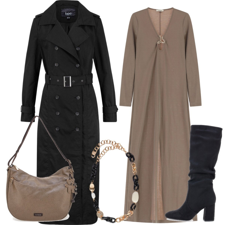 Outfit donna - In città. Stile Casual chic per Tutti i giorni. Abbinamento con trench, collane, vestiti lunghi, stivali sopra il ginocchio, borse a spalla.