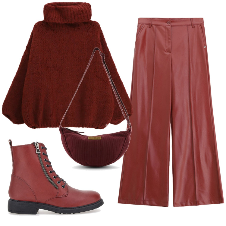 Outfit donna - Total look #2350052. Stile Trendy per Tutti i giorni. Abbinamento con pantaloni, maglieria, anfibi, borse a tracolla.