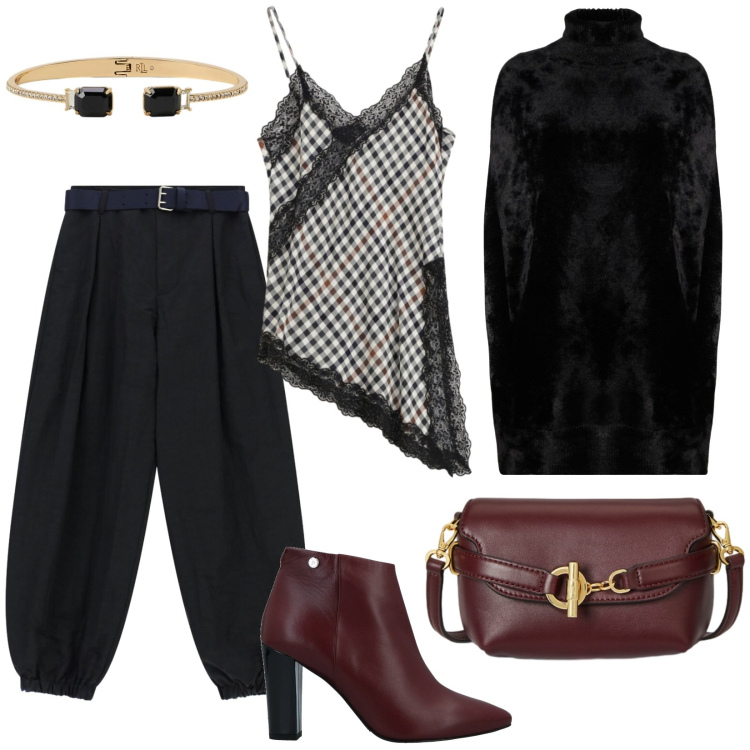 Outfit donna - Serata tra amici. Stile Casual chic per Serata fuori. Abbinamento con stivaletti, cappotti, canottiere, pantaloni, borse a tracolla, braccialetti.