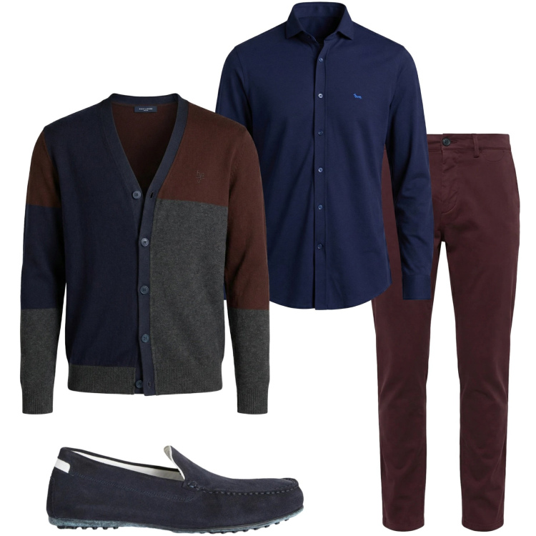 Outfit uomo - Marzo. Stile Urban per Tutti i giorni. Abbinamento con scarpe stringate, camicie, pantaloni chino, cardigans.