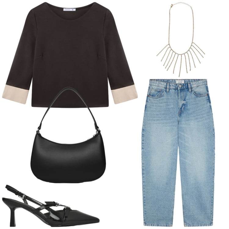 Outfit donna - Total look #2350058. Stile Minimal per Ufficio. Abbinamento con jeans, collane, borse a tracolla, t-shirt, décolleté.