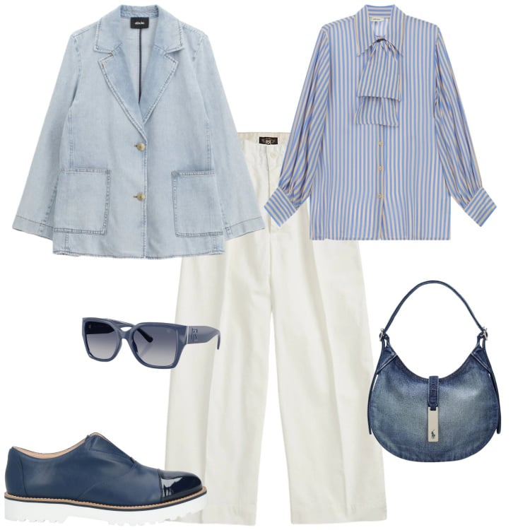 Outfit donna - Mannish chic ufficio tempo libero. Stile Mannish per Tutti i giorni. Abbinamento con mocassini, pantaloni, occhiali da sole, borse a spalla, camicie, blazer.