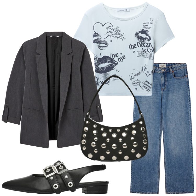 Outfit donna - Total look #2350062. Stile Minimal per Serata fuori. Abbinamento con jeans, t-shirt, ballerine, borse a tracolla, blazer.