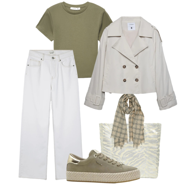 Outfit donna - Tempo libero. Stile Casual per Tutti i giorni. Abbinamento con sneakers, shopping bag, caban, t-shirt, jeans, sciarpe.