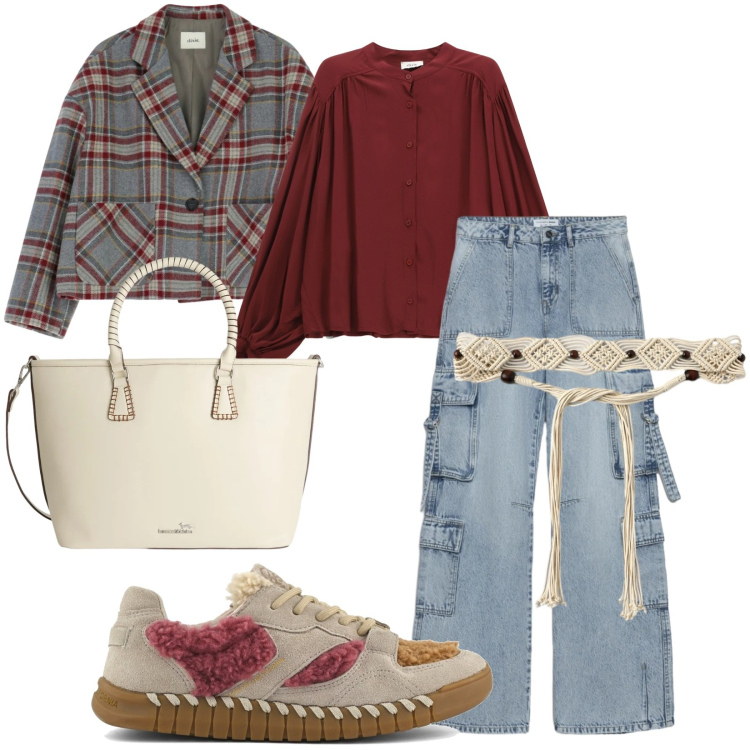 Outfit donna - Quadri in denim. Stile Urban per Tutti i giorni. Abbinamento con shopping bag, jeans, cinture, blazer, camicie, sneakers.