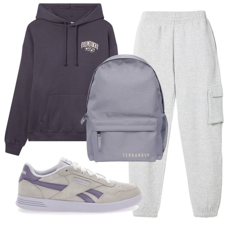 Outfit donna - Total look #2350065. Stile Casual per Scuola/Università. Abbinamento con zaini, pantaloni, felpe con cappuccio, sneakers.
