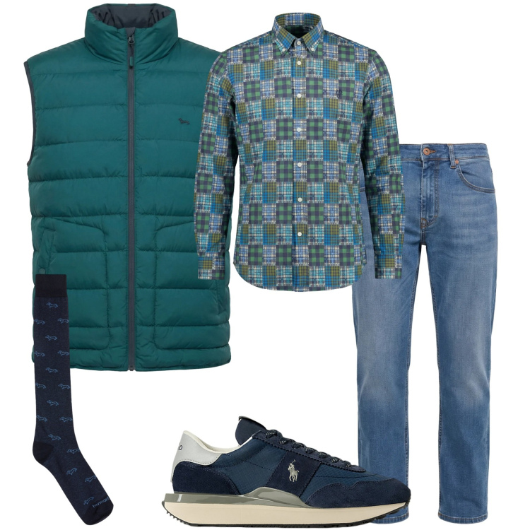 Outfit uomo - Marzo. Stile Urban per Tutti i giorni. Abbinamento con camicie, jeans, piumini, calzini, sneakers.