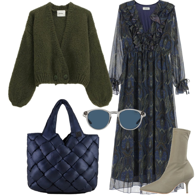 Outfit donna - In città. Stile Romantica per Tutti i giorni. Abbinamento con stivaletti, vestiti lunghi, cardigans, borse tote, occhiali da sole.