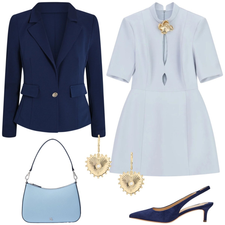 Outfit donna - Pranzo formale. Stile Bon Ton per Tutti i giorni. Abbinamento con vestiti corti, blazer, décolleté, borse a spalla, orecchini.