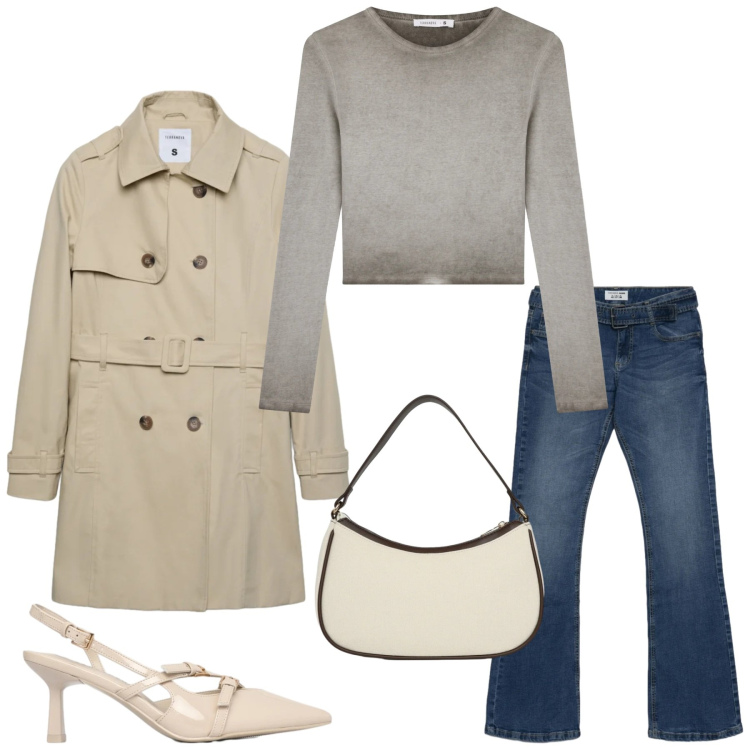 Outfit donna - Total look #2350075. Stile Casual chic per Ufficio. Abbinamento con trench, jeans a zampa, borse a tracolla, décolleté, t-shirt.