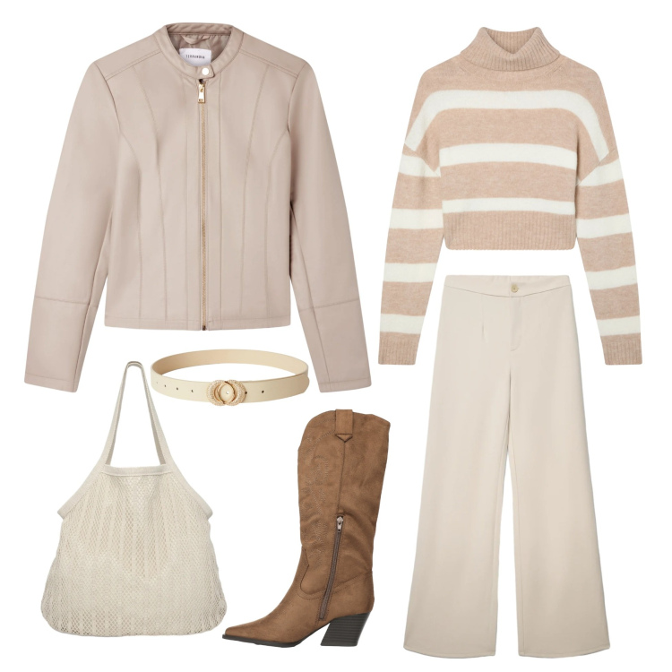 Outfit donna - Verso la primavera. Stile Casual chic per Tutti i giorni. Abbinamento con pantaloni, maglieria, cinture, stivali, shopping bag, giacche.