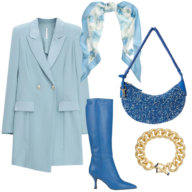 Outfit donna - Blazer dress per una cerimonia. Stile Chic per Cerimonia. Abbinamento con stivali, vestiti corti, foulard, braccialetti, borse a spalla.
