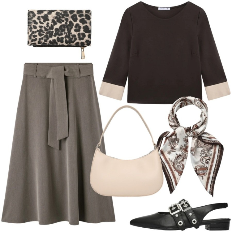 Outfit donna - Bon ton di primavera. Stile Bon Ton per Tutti i giorni. Abbinamento con gonne lunghe, borse a tracolla, ballerine, foulard, portafogli, t-shirt.