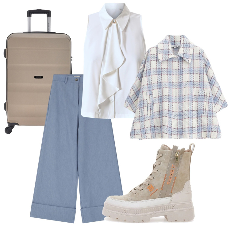 Outfit donna - Di rientro da Parigi. Stile Casual chic per Ufficio. Abbinamento con pantaloni a palazzo, cappotti, camicie, anfibi, valigie.