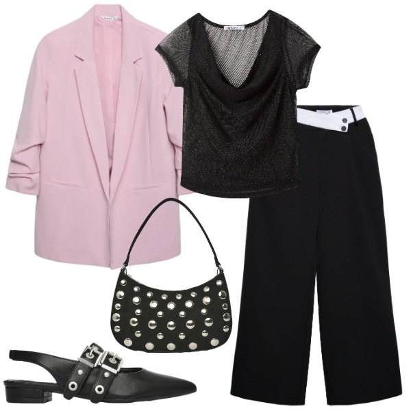 Outfit donna - la giacca rosa. Stile Glamour per Serata fuori. Abbinamento con t-shirt, pantaloni, blazer, ballerine, borse a tracolla.