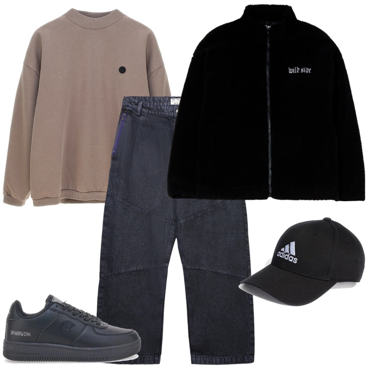 Outfit uomo - Il look oversize di Gabriele. Stile Urban per Tutti i giorni. Abbinamento con giacche, jeans dritti, cappelli con visiera, felpe, sneakers.