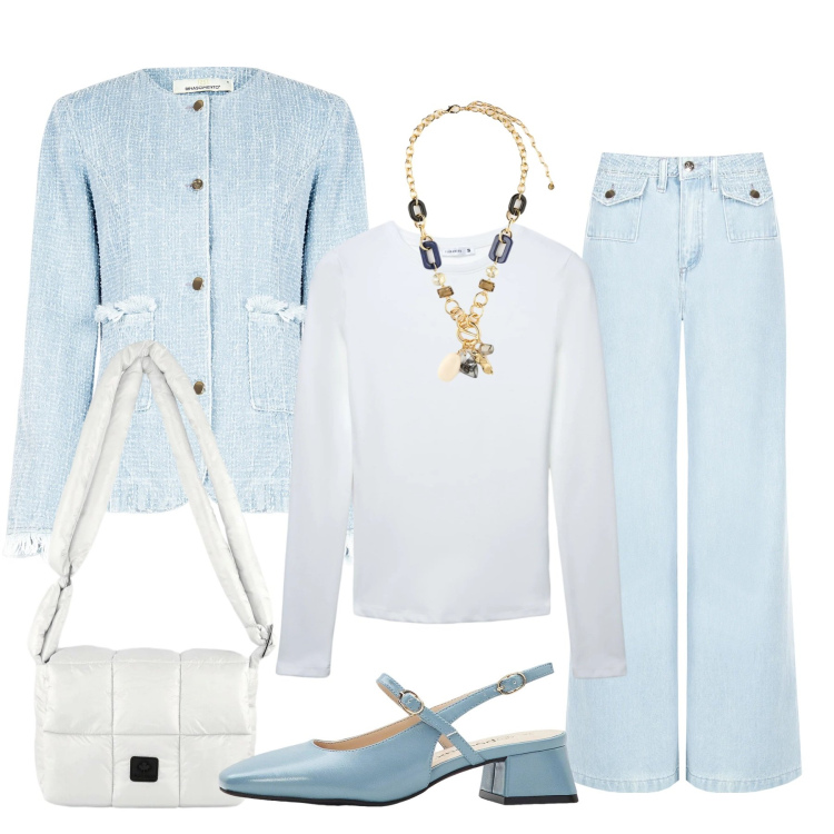 Outfit donna - Aspettando la primavera. Stile Casual chic per Tutti i giorni. Abbinamento con décolleté, t-shirt, collane, jeans dritti, blazer, borse a spalla.