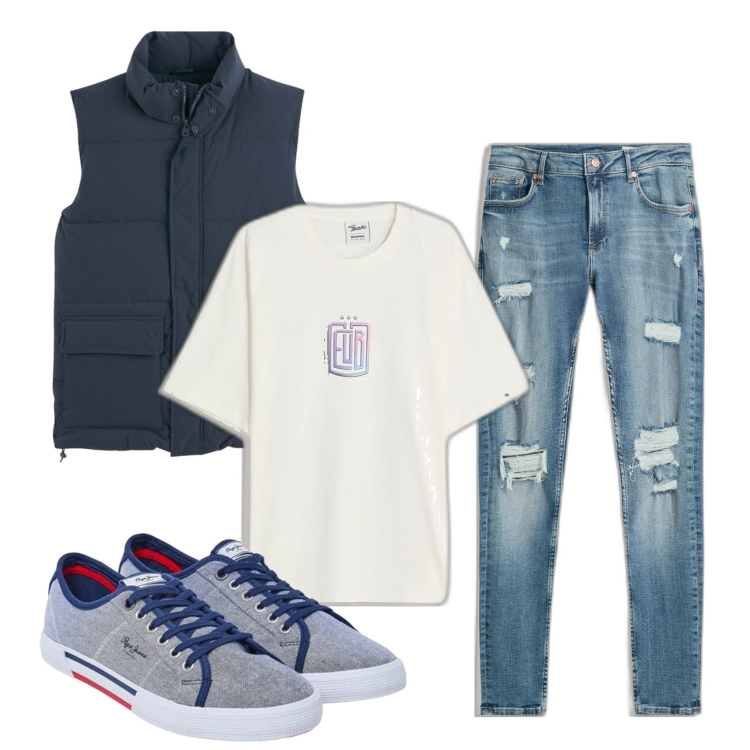 Outfit hombre - Casual #6294. Estilo Casual para Todos los días. Combinación con camiseta, sneakers, chalecos, vaqueros rotos.