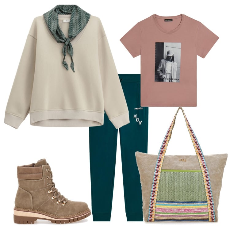 Outfit donna - Total look #2350089. Stile Urban per Tutti i giorni. Abbinamento con t-shirt, pantaloni, felpe, shopping bag, stivaletti.