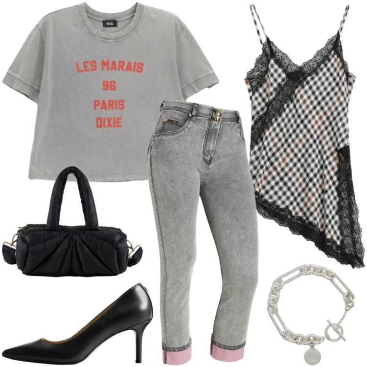 Outfit donna - Mix audaci. Stile Casual chic per Tutti i giorni. Abbinamento con canottiere, t-shirt, jeans dritti, borse a mano, braccialetti, décolleté.