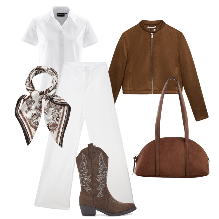 Outfit donna - Bianco ottico e cioccolato. Stile Trendy per Tutti i giorni. Abbinamento con camicie a manica corta, borse a tracolla, pantaloni, foulard, giacche, stivaletti texani.