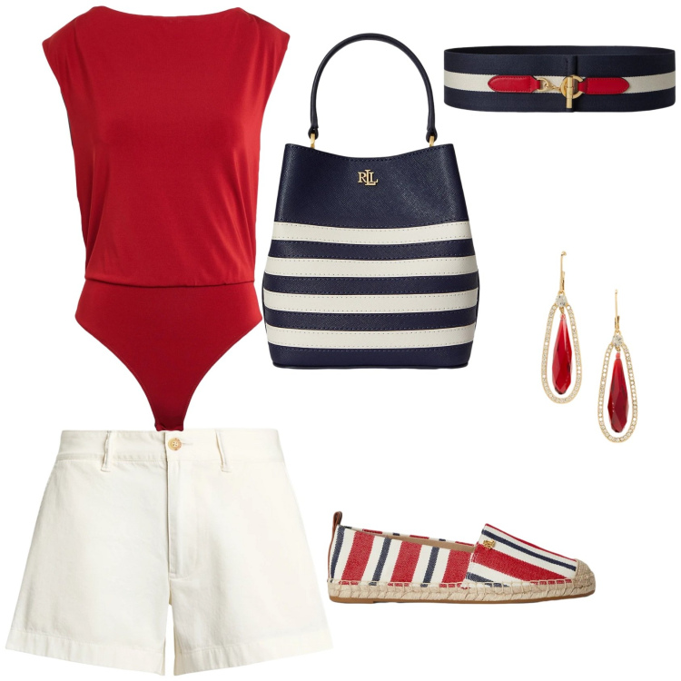 Outfit donna - Aperitivo in spiaggia. Stile Sporty chic per Mare. Abbinamento con body, shorts, borse a secchiello, orecchini, cinture, espadrillas.