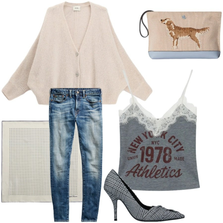 Outfit donna - Total look #2350095. Stile Casual chic per Tutti i giorni. Abbinamento con décolleté, cardigans, top, jeans skinny, foulard, pochette.