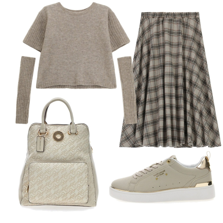 Outfit donna - Total look #2350096. Stile Trendy per Ufficio. Abbinamento con maglieria, gonne longuette, sneakers, zaini.