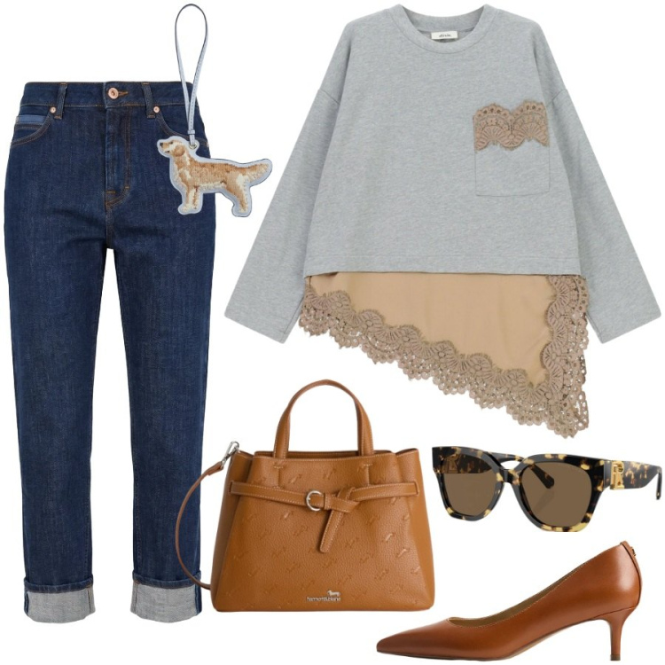 Outfit donna - Total look #2350098. Stile Casual chic per Tutti i giorni. Abbinamento con jeans, borse a mano, top, décolleté, portachiavi, occhiali da sole.