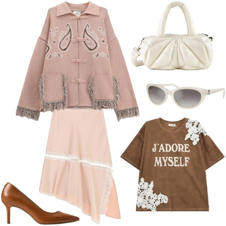 Outfit donna - Total look #2350100. Stile Romantica per Tutti i giorni. Abbinamento con gonne longuette, t-shirt, cardigans, borse a mano, décolleté, occhiali da sole.