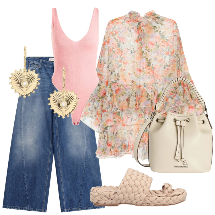 Outfit donna - Look. Stile Casual per Tutti i giorni. Abbinamento con infradito, body, borse a secchiello, vestiti corti, jeans, orecchini.