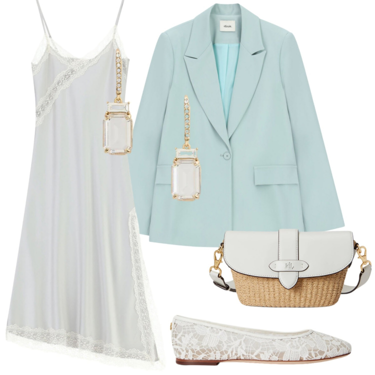 Outfit donna - Look. Stile Romantica per Tutti i giorni. Abbinamento con vestiti lunghi, blazer, orecchini, ballerine, borse a spalla.