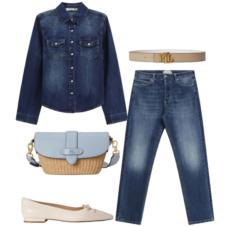 Outfit donna - Total look #2350112. Stile Casual chic per Tutti i giorni. Abbinamento con jeans, camicie, ballerine, borse a spalla, cinture.