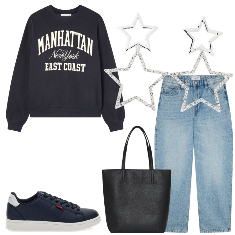 Outfit donna - Total look #2350113. Stile Casual per Tutti i giorni. Abbinamento con felpe, borse tote, orecchini, jeans, sneakers.