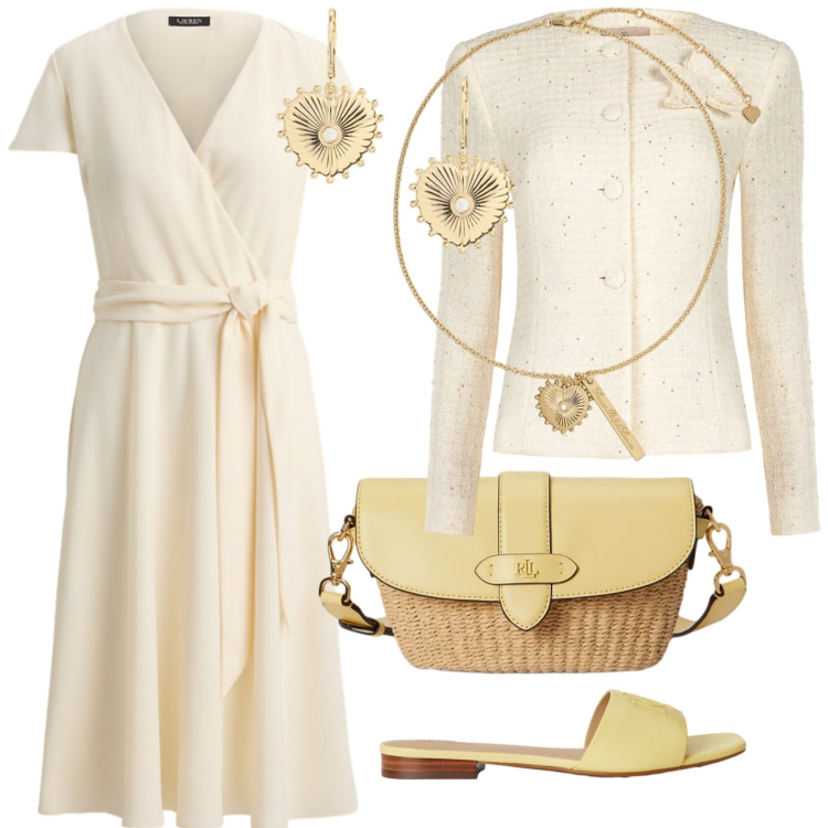 Outfit donna - Look. Stile Romantica per Tutti i giorni. Abbinamento con blazer, orecchini, ciondoli, vestiti chemisier, borse a spalla, ciabatte.