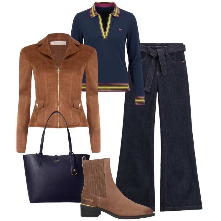 Outfit donna - Primavera in trend. Stile Casual chic per Tutti i giorni. Abbinamento con stivaletti chelsea, polo, jeans a zampa, giacche, borse tote.