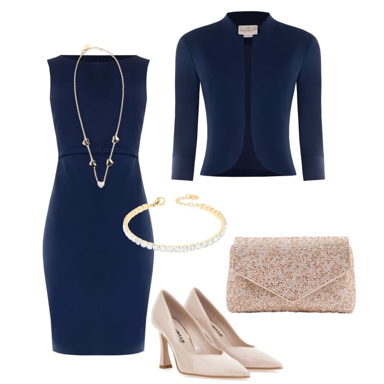 Outfit donna - Evento, cerimonia in blu. Stile Chic per Cerimonia. Abbinamento con pochette, vestiti a tubino, bolero, braccialetti, collane, décolleté.
