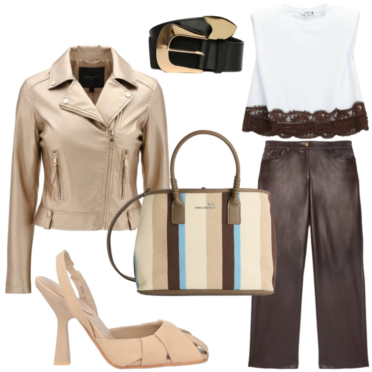 Outfit donna - Gold style. Stile Casual per Tutti i giorni. Abbinamento con décolleté, shopping bag, pantaloni, cinture, top, giacche.