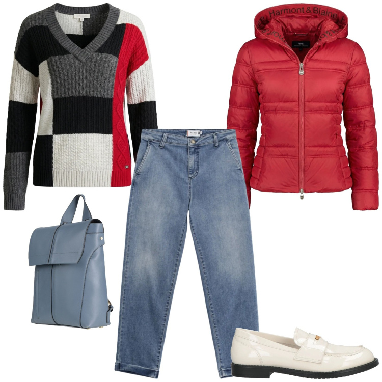 Outfit donna - Total look #2350126. Stile Casual per Ufficio. Abbinamento con mocassini, zaini, piumini, maglieria, jeans.