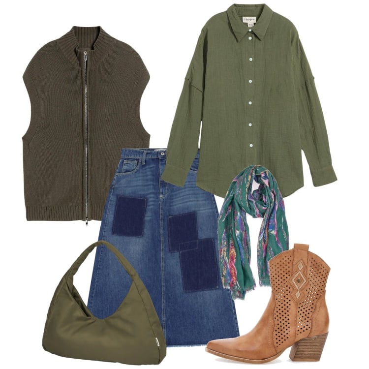 Outfit donna - Camperos di primavera. Stile Casual chic per Tutti i giorni. Abbinamento con camicie, maglieria, gonne lunghe, borse a spalla, stivaletti texani, foulard.