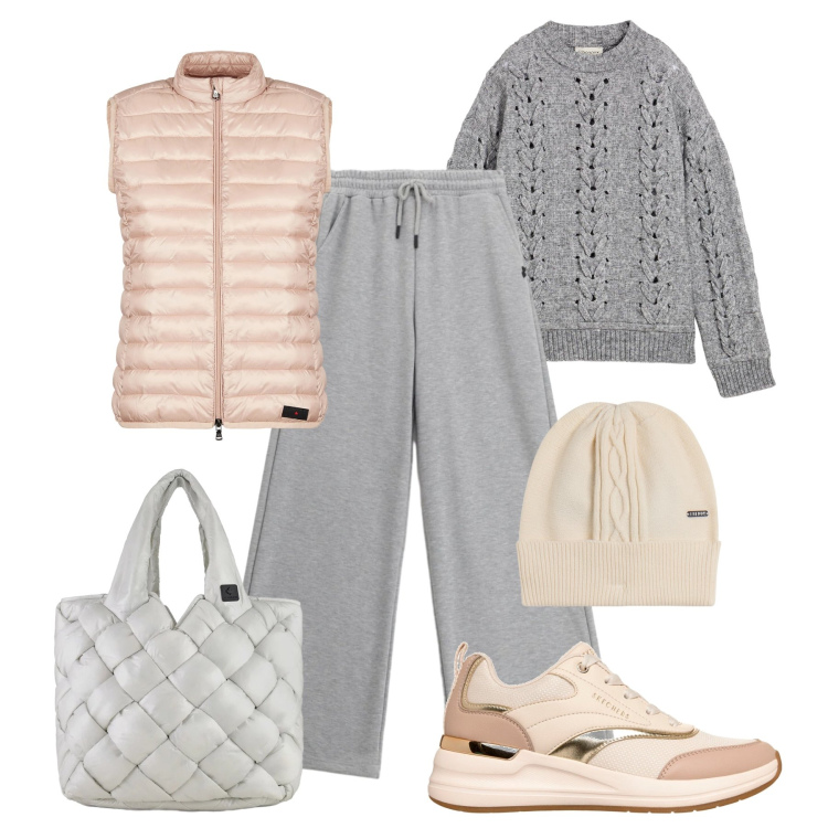 Outfit donna - Mattina fredda al parco. Stile Casual per Tutti i giorni. Abbinamento con maglieria, berretti, pantaloni, piumini, borse tote, sneakers.