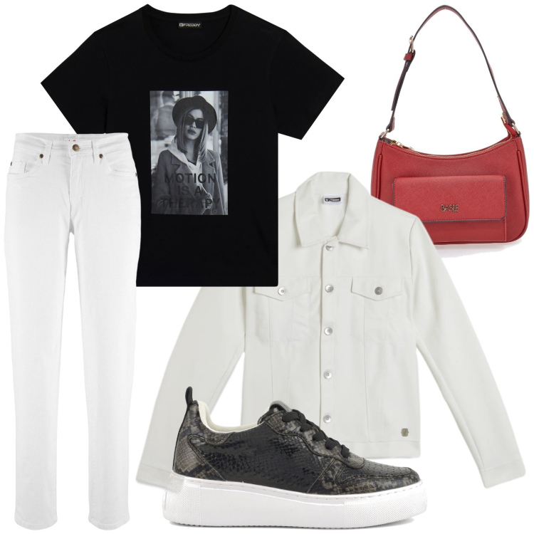 Outfit donna - Abbinamento perfetto. Stile Minimal per Tutti i giorni. Abbinamento con jeans mom, giacche, t-shirt, sneakers, borse a spalla.