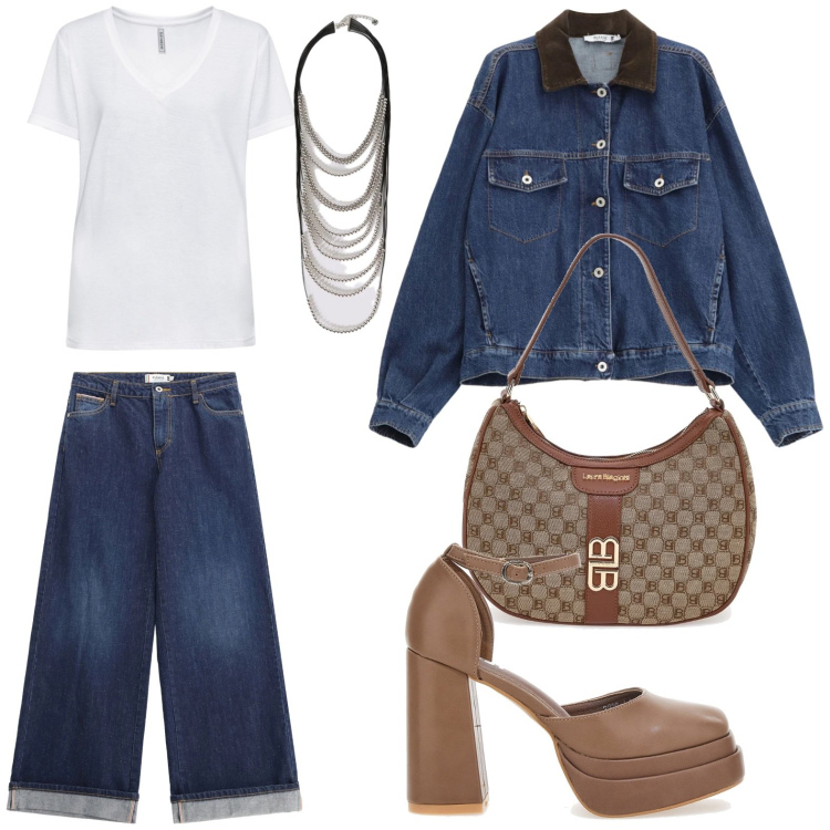 Outfit donna - Tacchi e jeans. Stile Minimal per Tutti i giorni. Abbinamento con t-shirt, collane, jeans, blazer, décolleté, borse a spalla.
