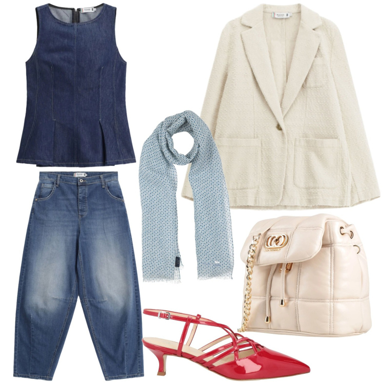 Outfit donna - Il top peplo. Stile Minimal per Tutti i giorni. Abbinamento con valigie, décolleté, sciarpe, jeans, top, blazer.