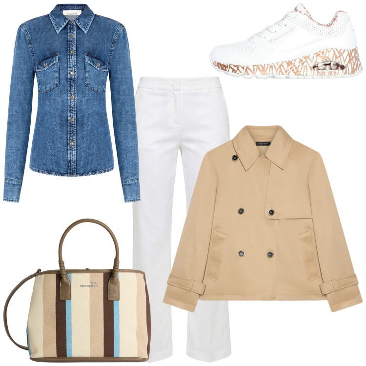 Outfit donna - Freschezza primaverile. Stile Glamour per Tutti i giorni. Abbinamento con shopping bag, pantaloni, trench, camicie, sneakers alte.