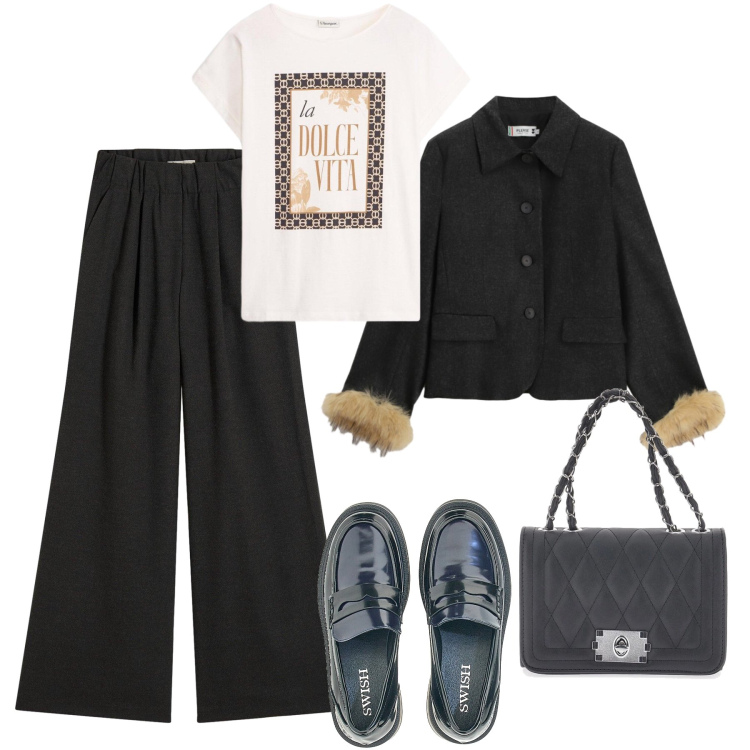 Outfit donna - Ufficio mezza stagione. Stile Casual chic per Ufficio. Abbinamento con pantaloni, t-shirt, blazer, mocassini, borse a tracolla.