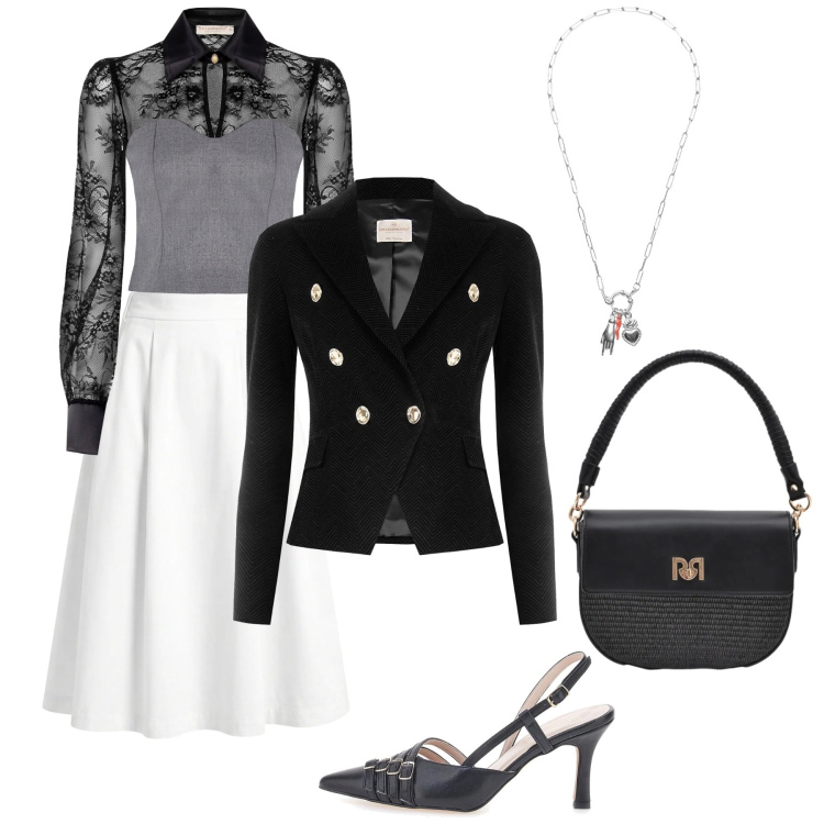 Outfit donna - Serata primaverile. Stile Glamour per Tutti i giorni. Abbinamento con gonne longuette, ciondoli, borse a spalla, blazer, bluse, décolleté.