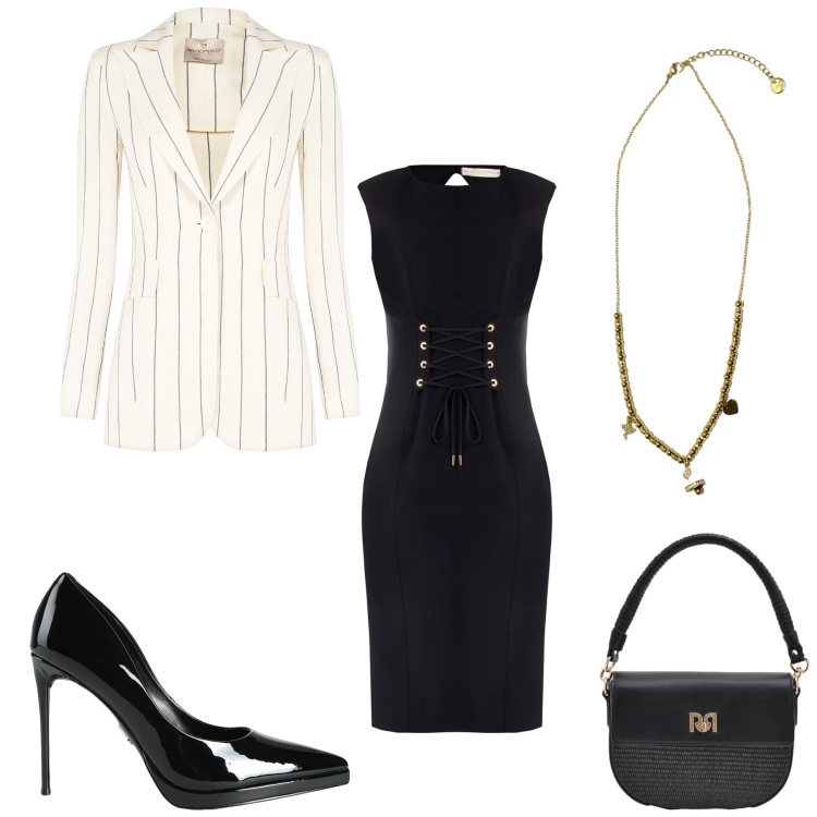 Outfit donna - Blazer di primavera. Stile Casual chic per Tutti i giorni. Abbinamento con décolleté, ciondoli, borse a spalla, vestiti a tubino, blazer.