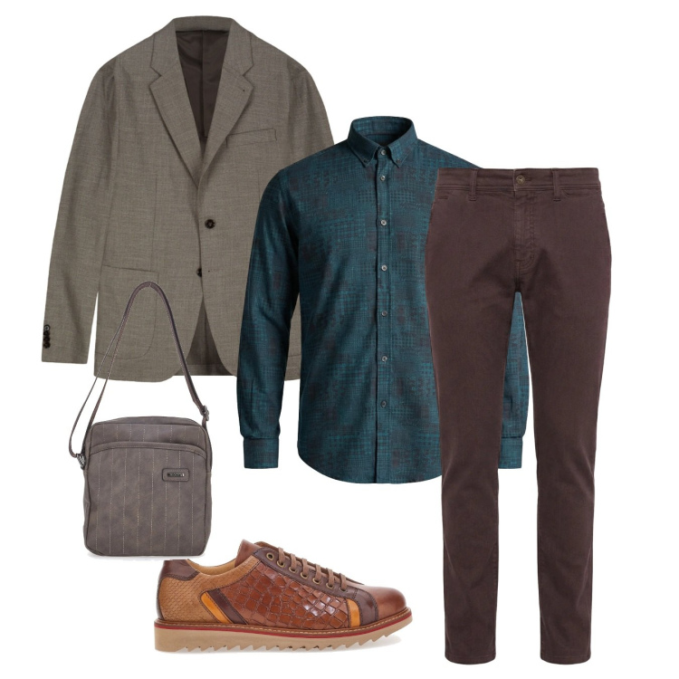 Outfit uomo - Look da aperitivo primaverile. Stile Casual per Tutti i giorni. Abbinamento con pantaloni, camicie, portafogli, scarpe stringate, giacche.