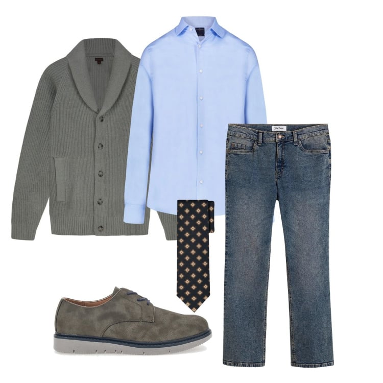 Outfit uomo - Un pomeriggio. Stile Casual per Tutti i giorni. Abbinamento con jeans bootcut, camicie, scarpe stringate, cravatte, cardigans.